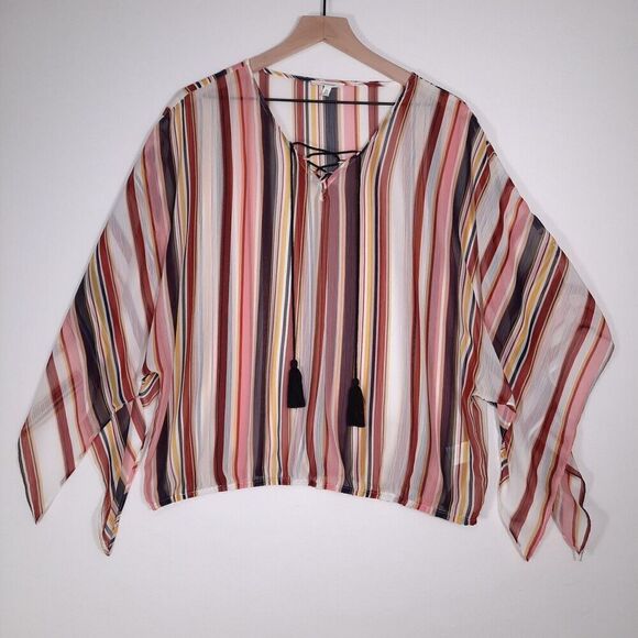 Maurice's Sheer Boho Top with Drape Sleeves and Lace-up V-Neck Tassels SZ Medium - Picture 3 of 12